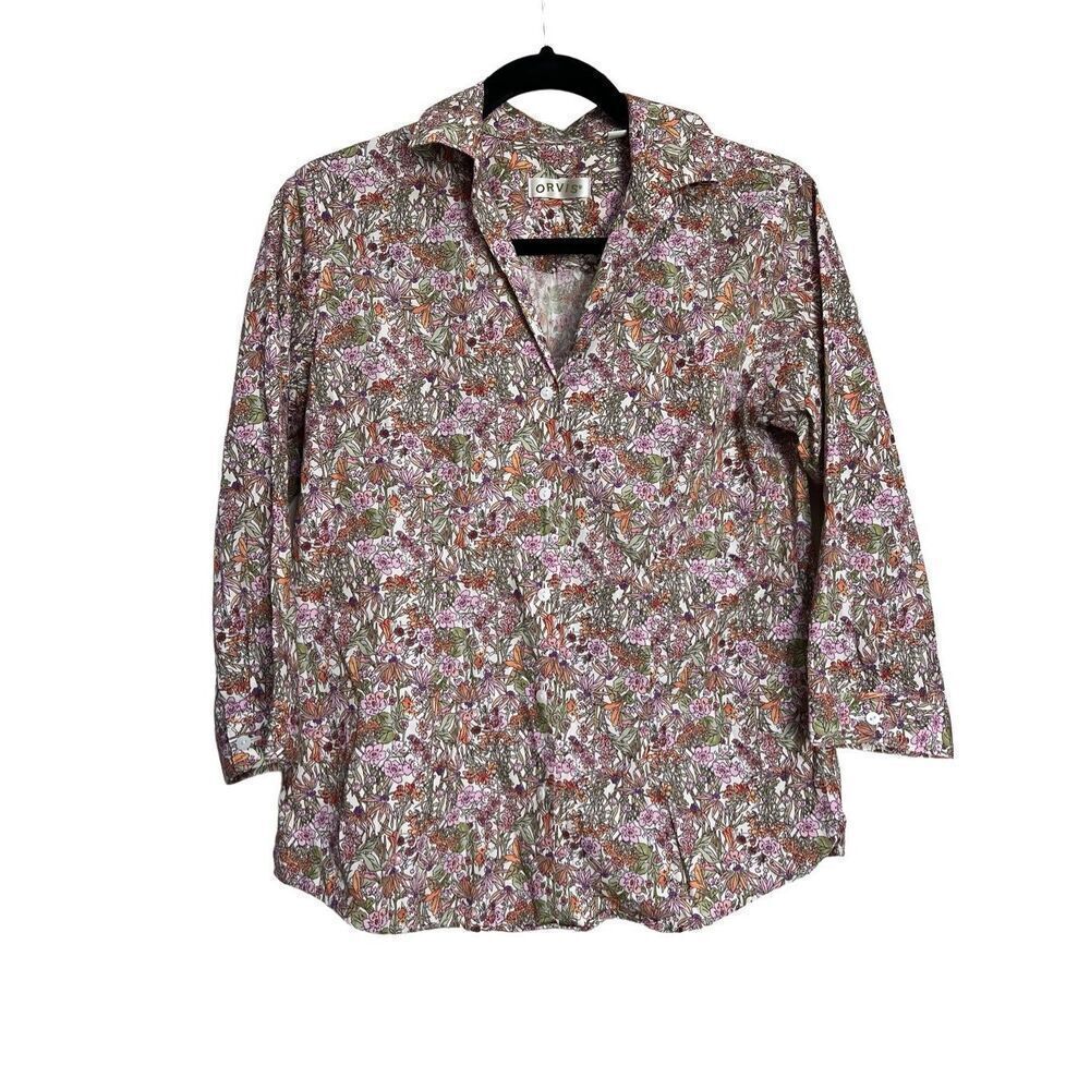 Orvis Tops Womens Size 6 Multicolor Button Up Shirt Floral 3/4 Sleeves Collared